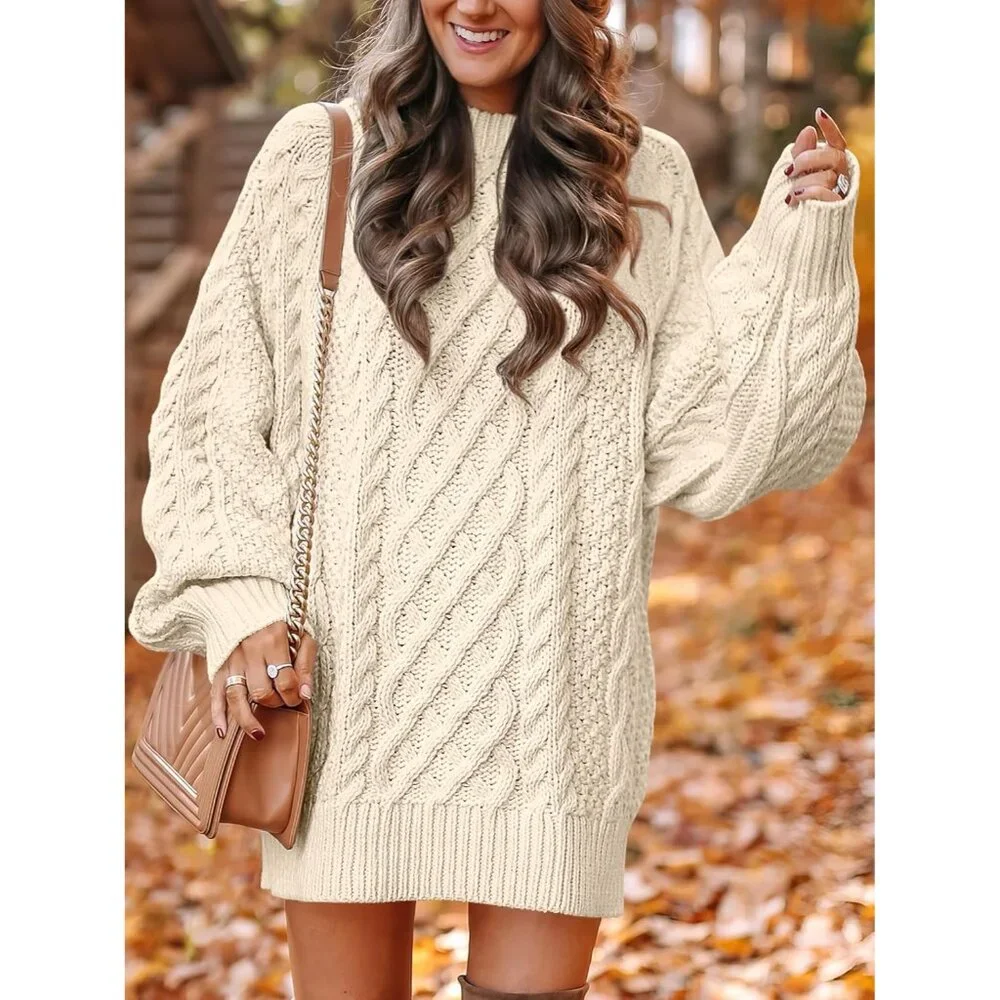 Womens Oversized Cable Knit Sweater Dress Chunky Long Sleeve Fall Winter Outfit - Picture 2 of 7